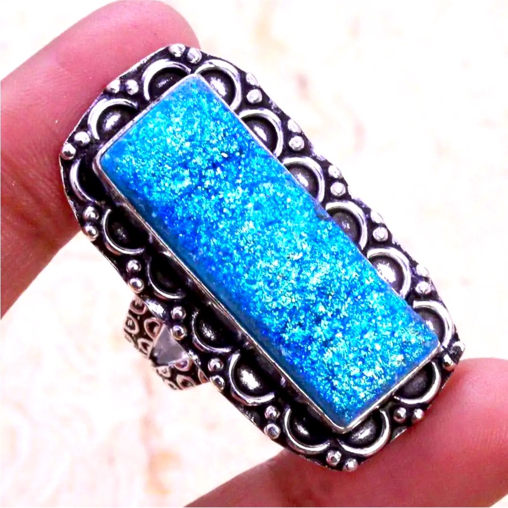 Sterling Silver 925 Rectangle Titanium Druzy Gemstone Handmade Ring Size 8